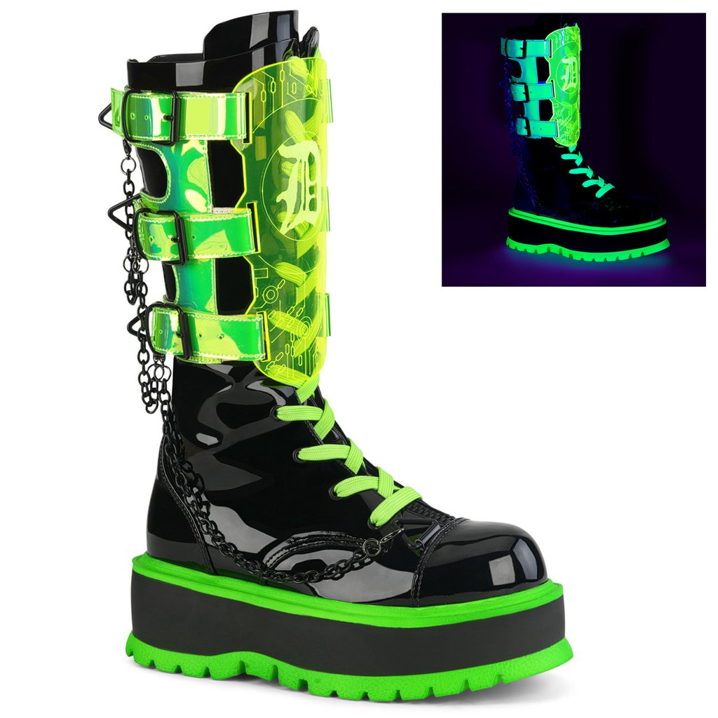 Bottines Demonia Slacker 156 Brevet UV Femme - Noir/Vert 14205-JSGI